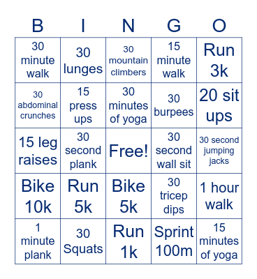 Ffynone Fitness Bingo Card