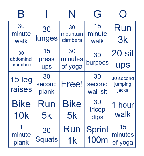 Ffynone Fitness Bingo Card