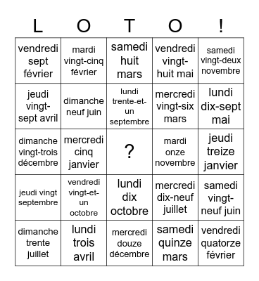 The date in French Bingo Card