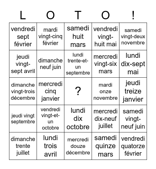 The date in French Bingo Card