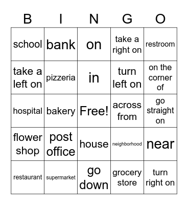 Unit 06 Directions Bingo Card