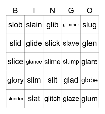 Funny Phonics 4 - Unit 5 gl sl Bingo Card