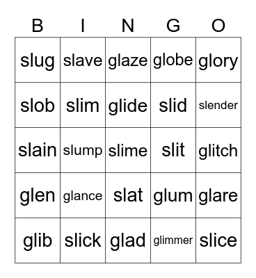 Funny Phonics 4 - Unit 5 gl sl Bingo Card