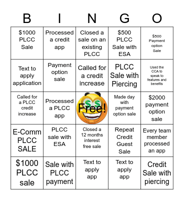 Payment Option Bingo Card