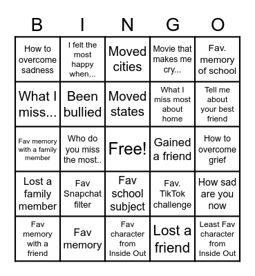 Sadness and Grief Bingo Card