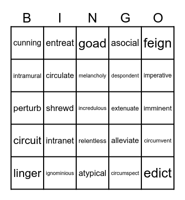 Cumulative Vocabulary Review Bingo Card