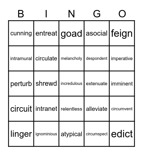 Cumulative Vocabulary Review Bingo Card