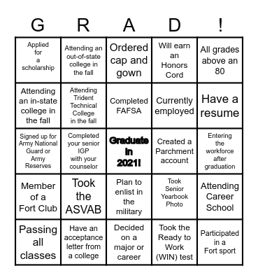 Congratulations Fort Class of 2021! Bingo Card