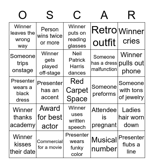 Oscars Bingo Card