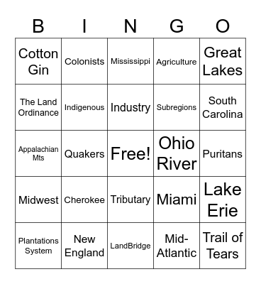 Eastern United States Bingo Card