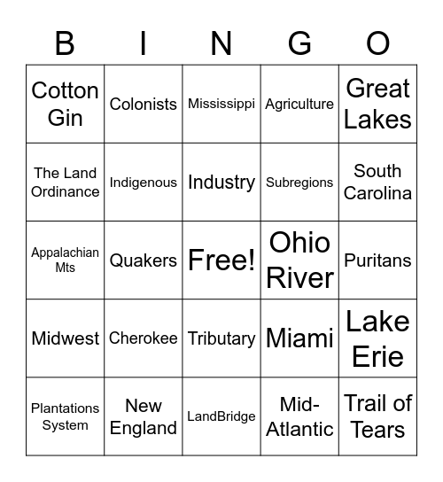 Eastern United States Bingo Card