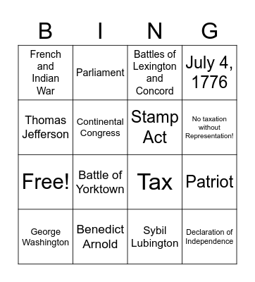 Revolutionary War Bingo Card