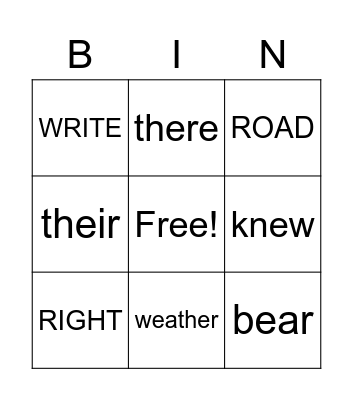 Homophone Bingo Card