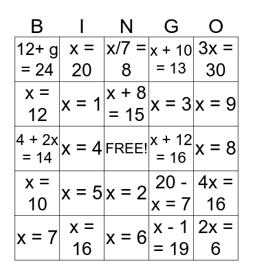 Algebra Bingo Card