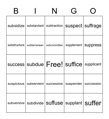 Assimilated Prefix Sub- Bingo Card