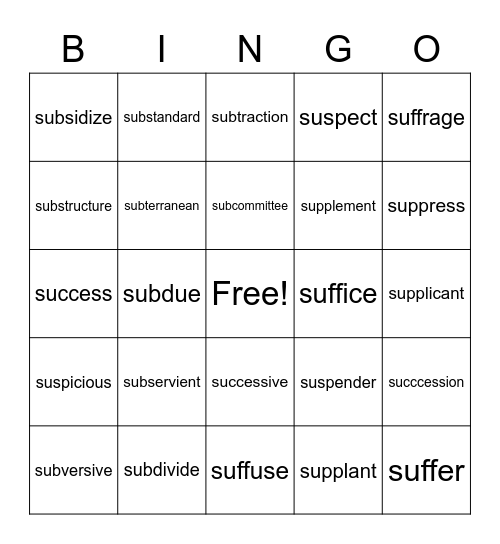 Assimilated Prefix Sub- Bingo Card