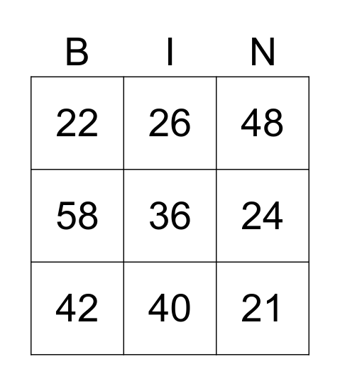 Los Números 20 - 50 Bingo Card