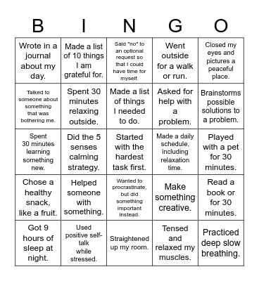 Stress Management Bingo 915 Bingo Card