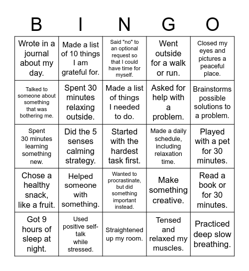 Stress Management Bingo 915 Bingo Card