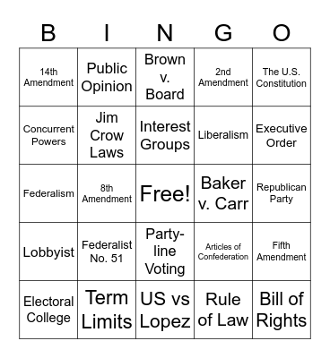 AP GOV and Politics Bingo Card