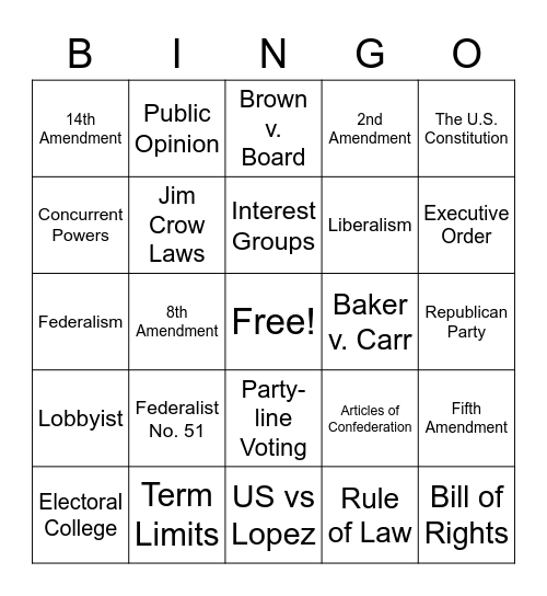 AP GOV and Politics Bingo Card