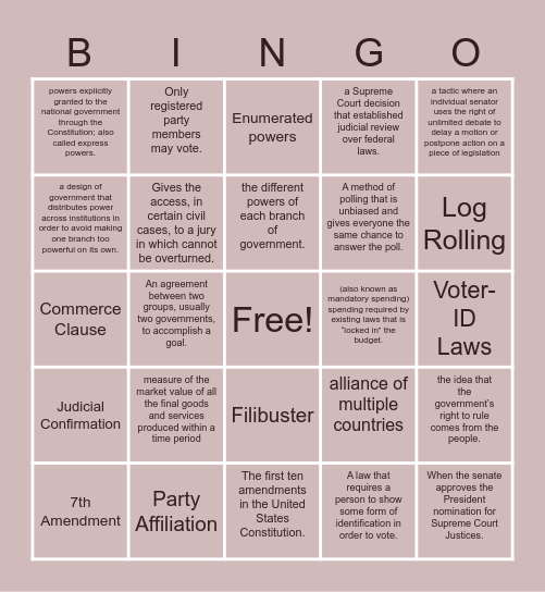 AP Gov Vocabulary Bingo Card