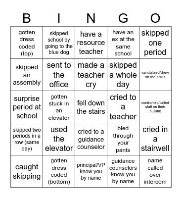 High School Bingo Card