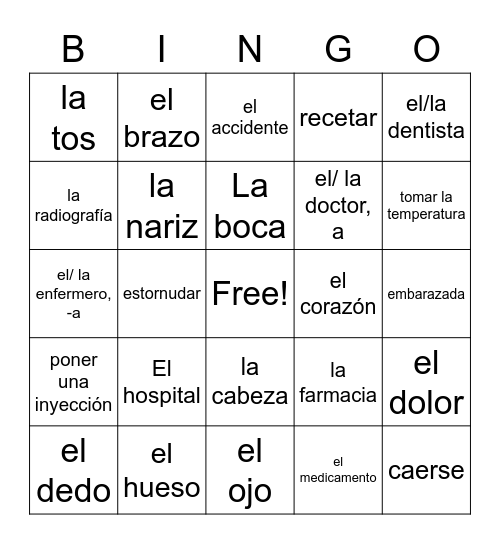 Spanish Vocab Bingo Card