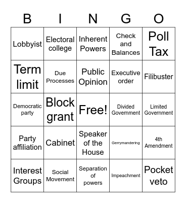 AP Gov Vocab Bingo Card