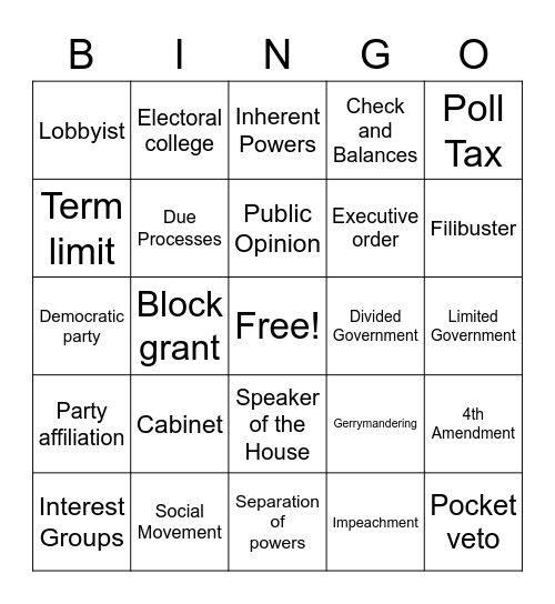 AP Gov Vocab Bingo Card