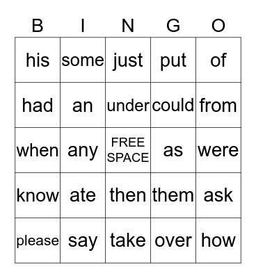 SIGHT WORD BINGO Card