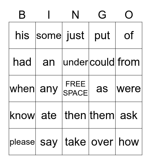 SIGHT WORD BINGO Card