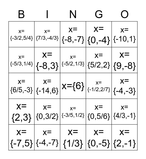 Quadratics Bingo Card