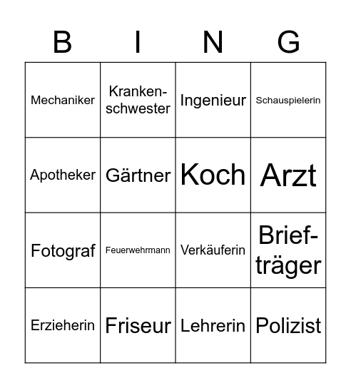 Berufe Bingo Card