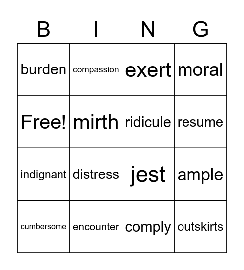 Lesson 20 Bingo Card