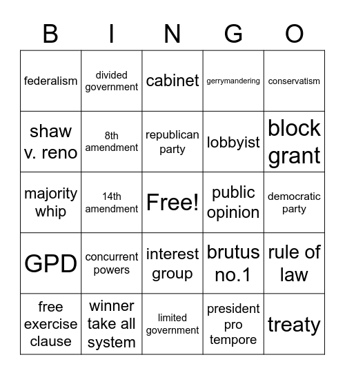 AP Gov Vocab Bingo Card