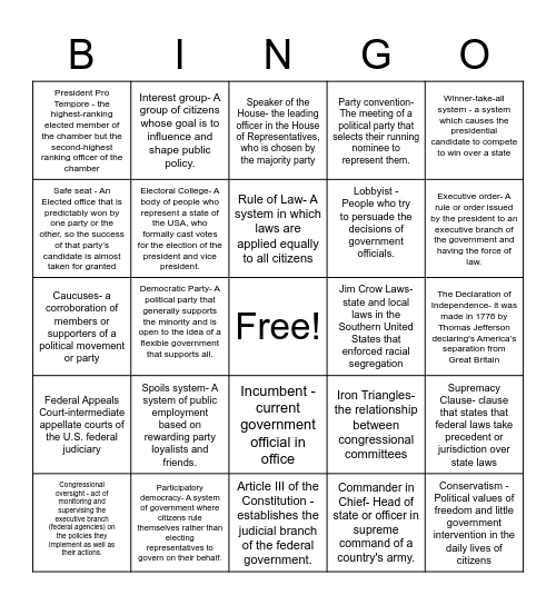Vocabulary words Bingo Card
