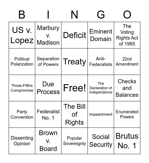 AP Gov Vocab Review Bingo Card