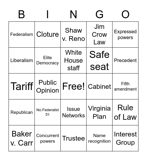 AP Gov & Politics Vocabulary Bingo Card