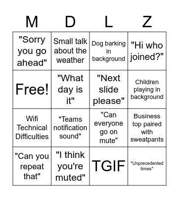 Mondelez Bingo - WFH Edition Bingo Card