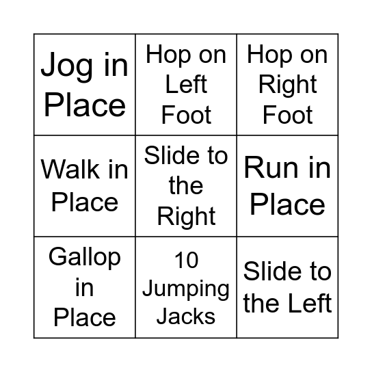 Fitness Bingo Card