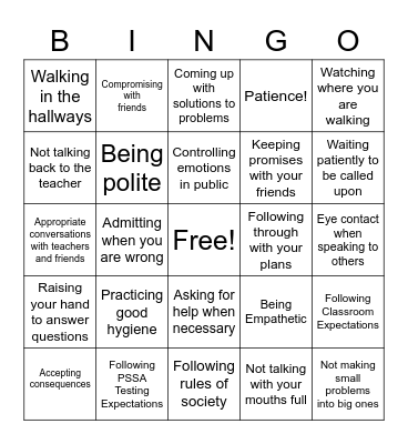 Appropriate Social Behavior Bingo Card