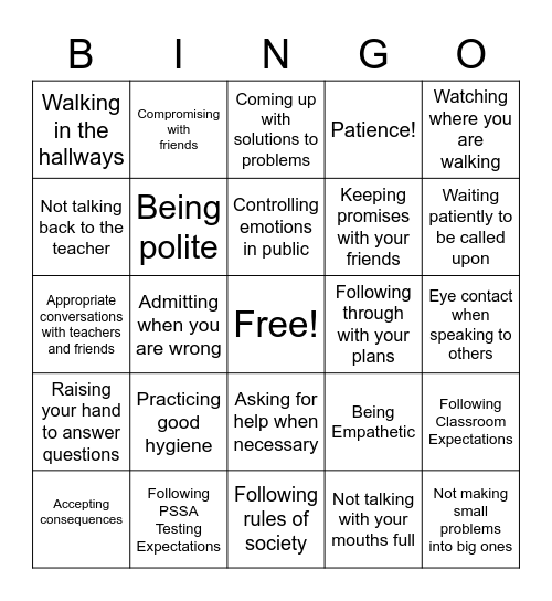 Appropriate Social Behavior Bingo Card