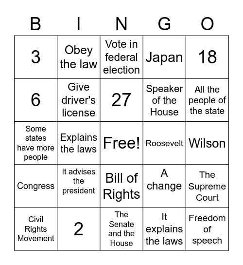 Citizenship-Chapters 6-10 Bingo Card