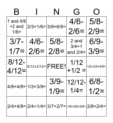 Fraction Bingo Card