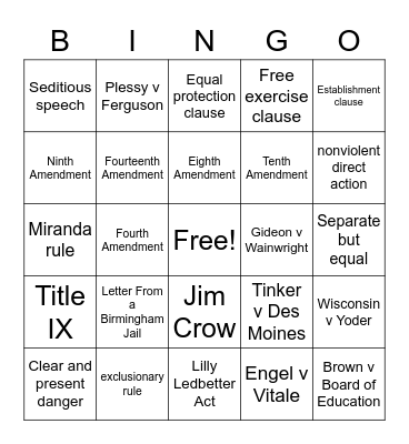 Civil Liberties and Civil Rights Bingo Card