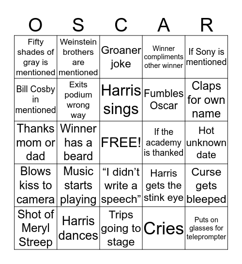 Oscars 2015 Bingo Card