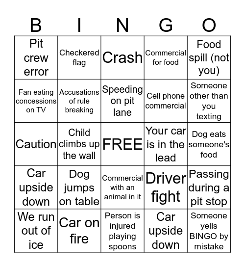 NASCAR Bingo Card