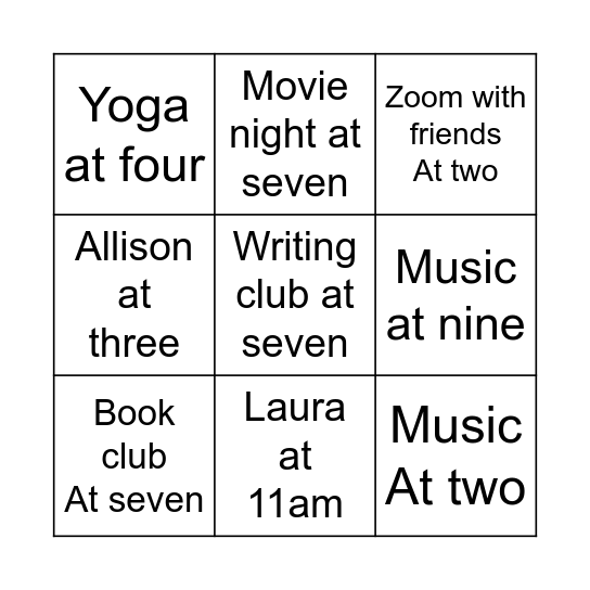 My week Bingo Card