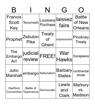 The Jefferson Era-Lewis & Clark-The War of 1812 Bingo Card